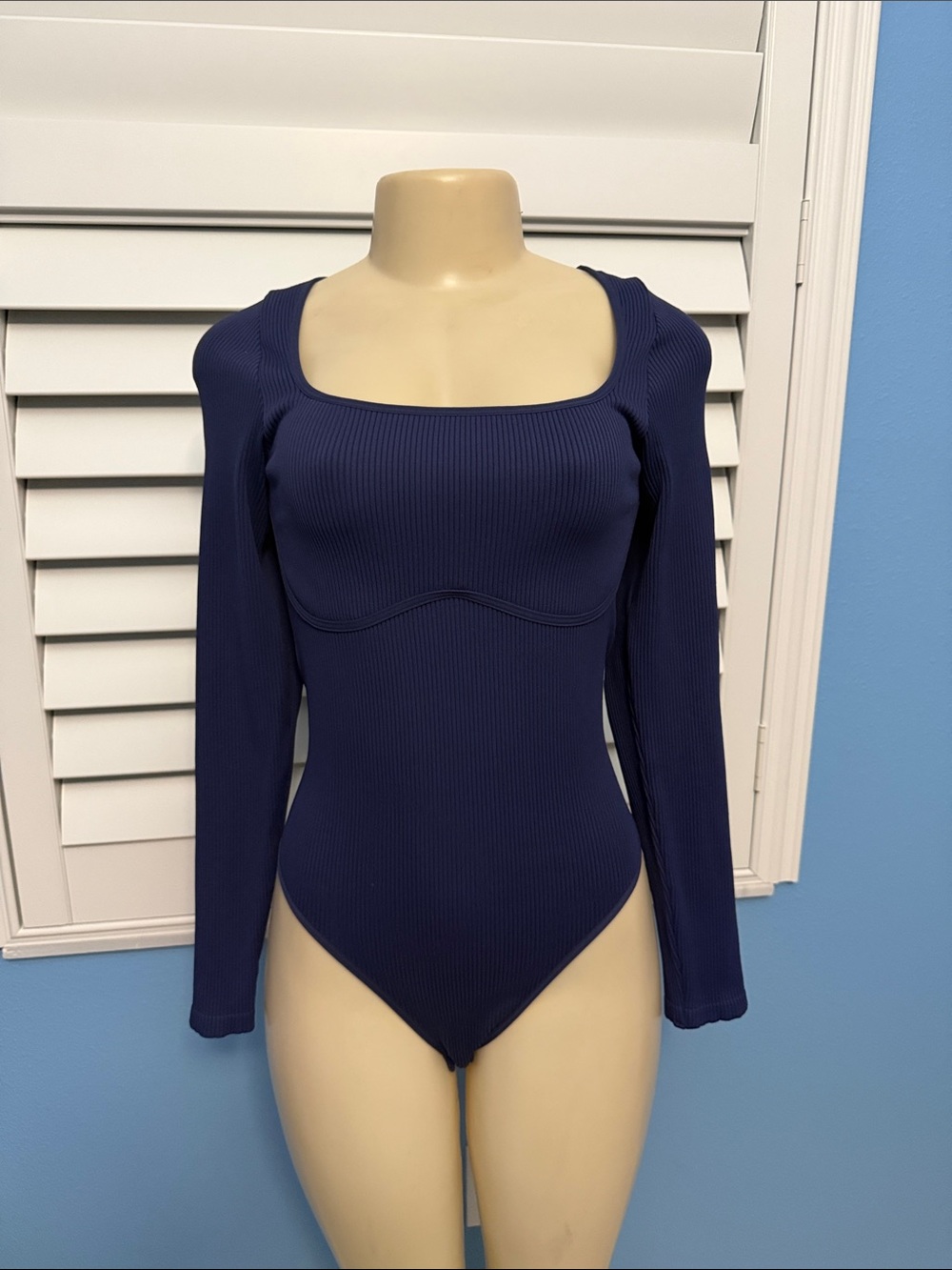 PINK Victoria's Secret Ribbed Long-Sleeve Square Neck Bodysuit - Navy Blue